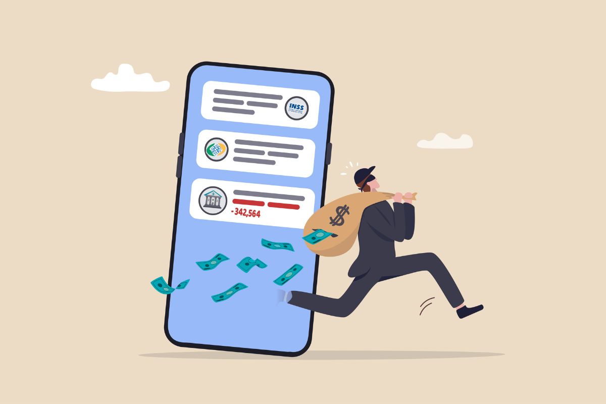 ilustração com a imagem de um celular grande e um homem fugindo com um saco de dinheiro nas costas