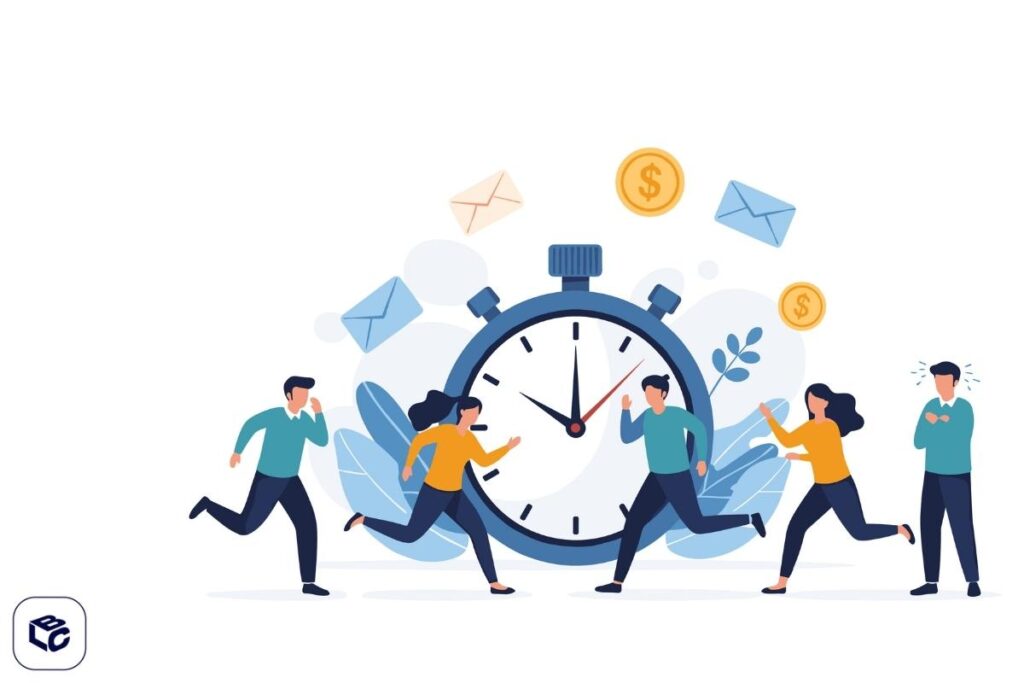 lustração com pessoas correndo ao redor de um cronômetro gigante, cercado por envelopes e moedas, representando a urgência no recebimento de créditos judiciais.