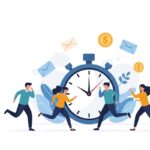 lustração com pessoas correndo ao redor de um cronômetro gigante, cercado por envelopes e moedas, representando a urgência no recebimento de créditos judiciais.